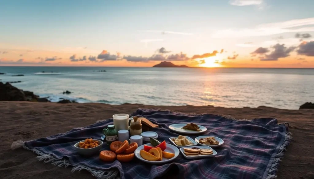 Generate an image of a serene sunset at Motu Ahi with a blanket and snacks laid out to enjoy the view.