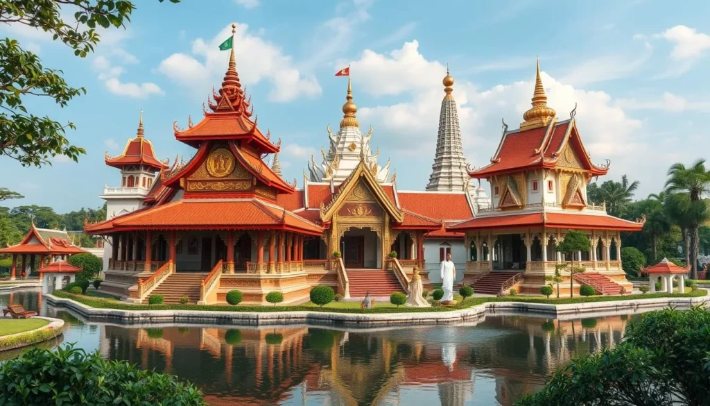 Generate an image of a serene temple complex with diverse architectural styles, including Thai, Chinese, and Indian influences.
