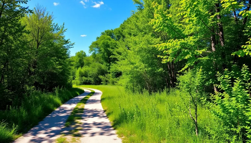 Generate an image of a serene trail in Katy Trail State Park with lush greenery and a clear blue sky.