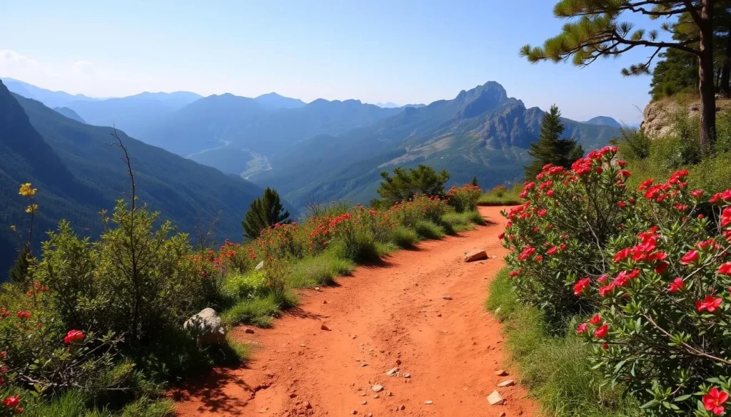 Generate an image of a serene trail with red clay, surrounded by lush greenery and a mountainous backdrop.