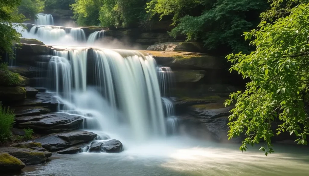Generate an image of a serene waterfall in Decorah, Iowa