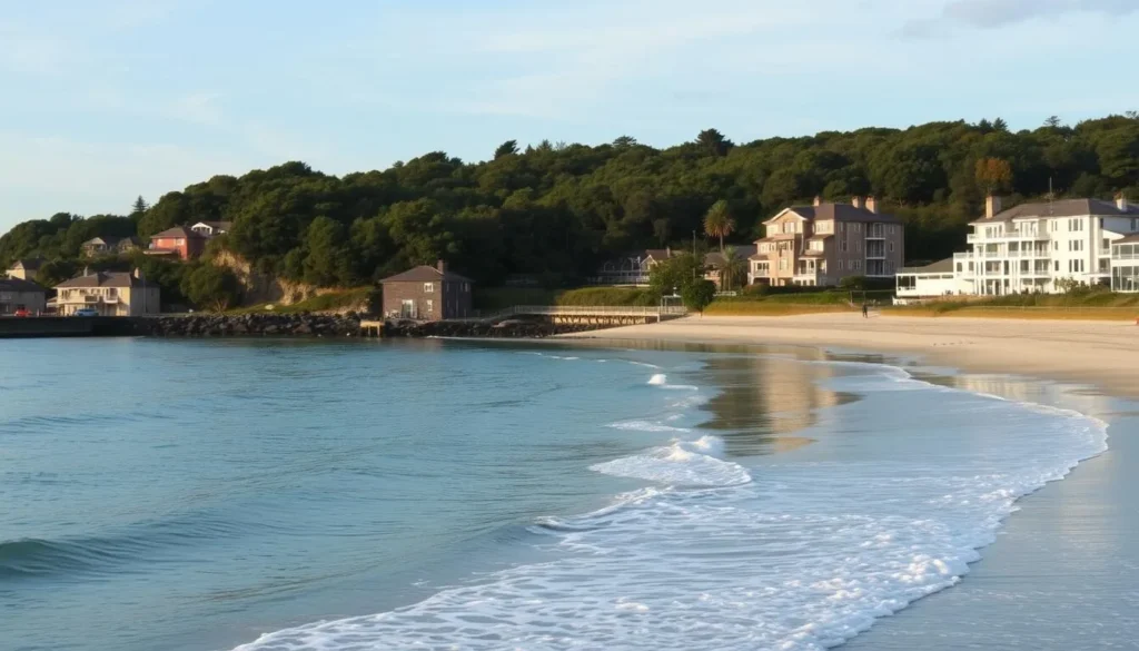 Generate an image of a sheltered beach cove with gentle waves, featuring a beach area and surrounding community.