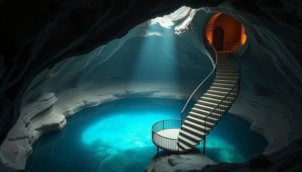 Generate an image of a sinkhole cave with a spiral staircase leading to a platform overlooking an underground lake.