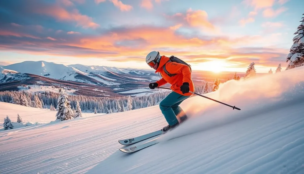 Generate an image of a skier at Bear Mountain ski resort.