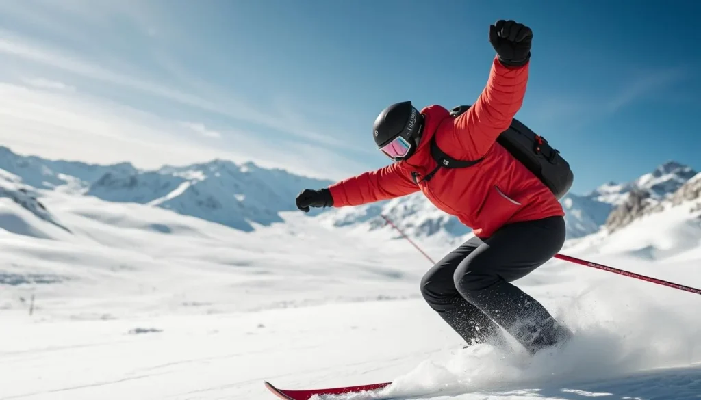 Generate an image of a skier in action in the Aletsch Arena with a stunning view of the Aletsch Glacier.