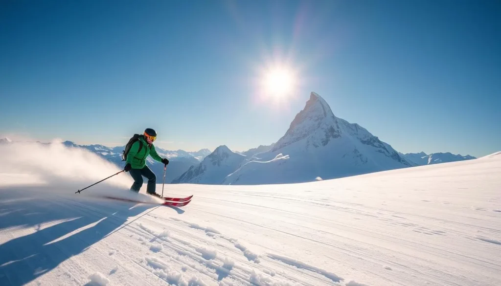 Generate an image of a skier on the glacier at Klein Matterhorn during summer.