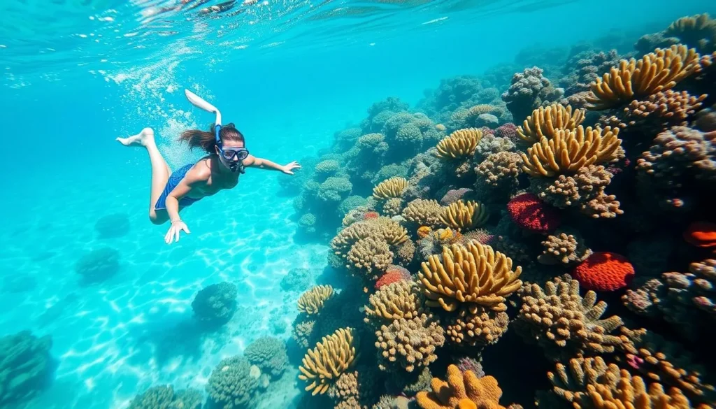 Generate an image of a snorkeler exploring a vibrant coral reef in the Big Island's clear waters.