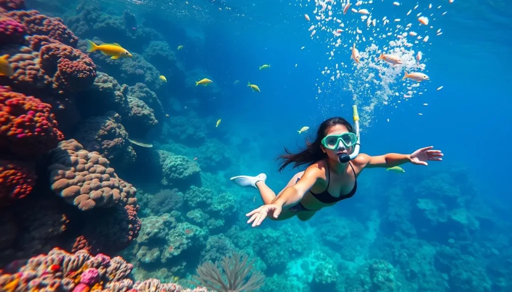 Generate an image of a snorkeler exploring the underwater world of Catalina Island.