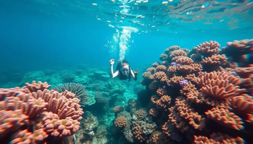 Generate an image of a snorkeler exploring the vibrant coral reefs around Koh Rong Samloem