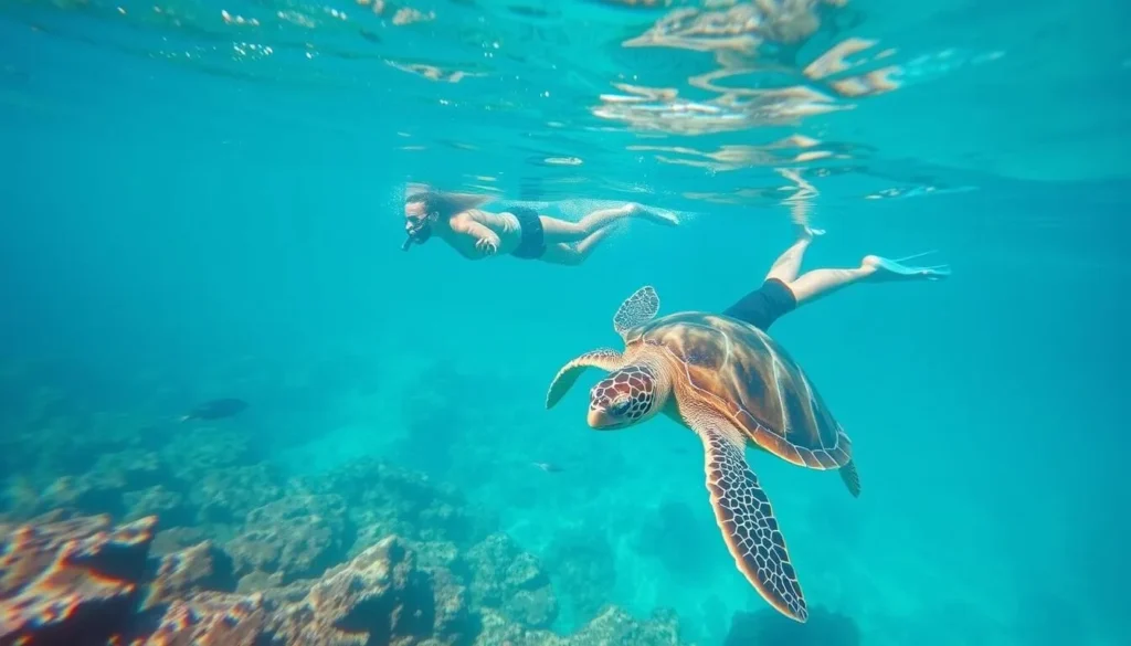 Generate an image of a snorkeler observing a sea turtle in Zanzibar's crystal-clear waters.