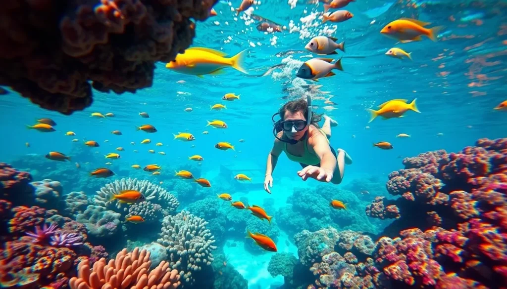 Generate an image of a snorkeler observing colorful fish amidst vibrant coral reefs in Tetiaroa Island.