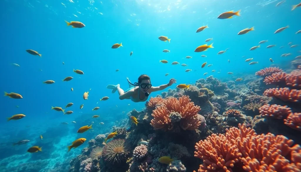 Generate an image of a snorkeler surrounded by colorful fish and coral reefs in the An Thoi Islands.
