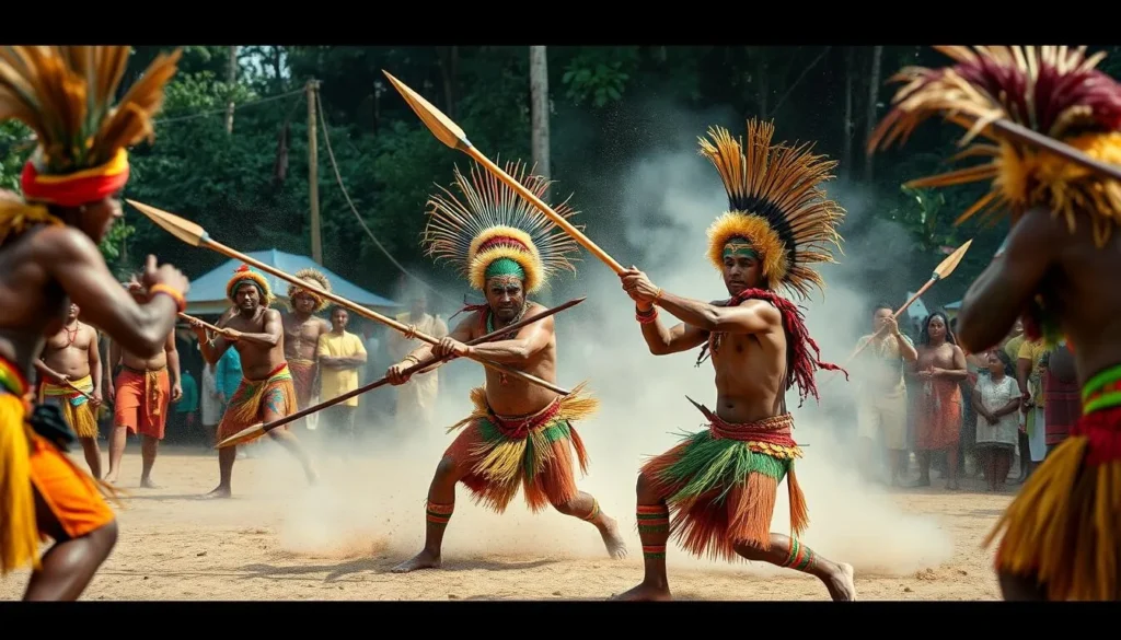 Generate an image of a spear-fighting performance at the Wogasia Festival in the Solomon Islands.