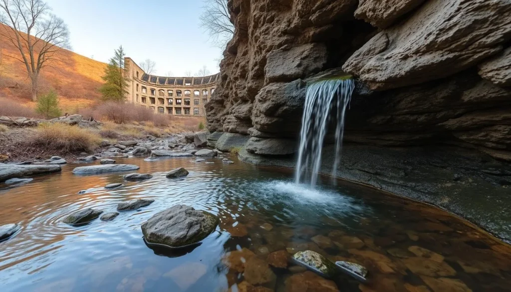 Generate an image of a spring flowing out of a rock face with the ruins of a hospital in the background.