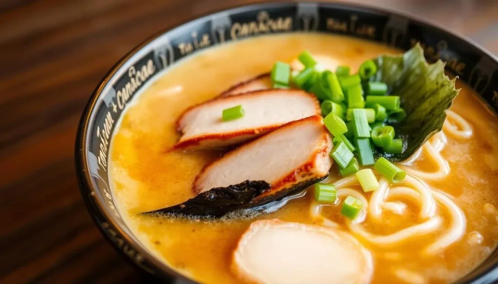 Generate an image of a steaming bowl of Tonkotsu Ramen at Torasho Ramen & Charcoal Bar