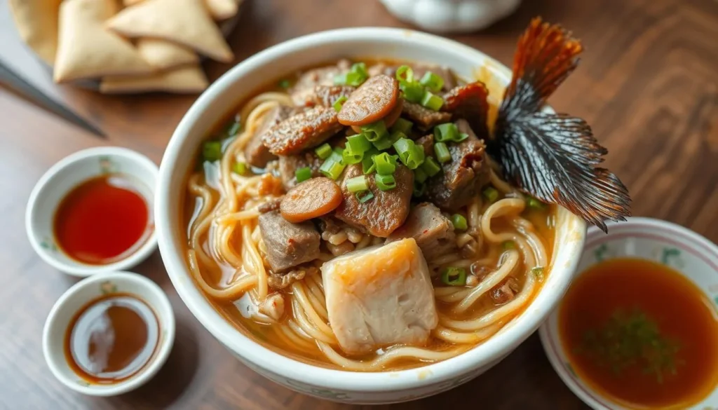 Generate an image of a steaming bowl of bak chor mee with minced pork, liver, and crispy fried sole fish, served with a side of vinegar and chili sauce.