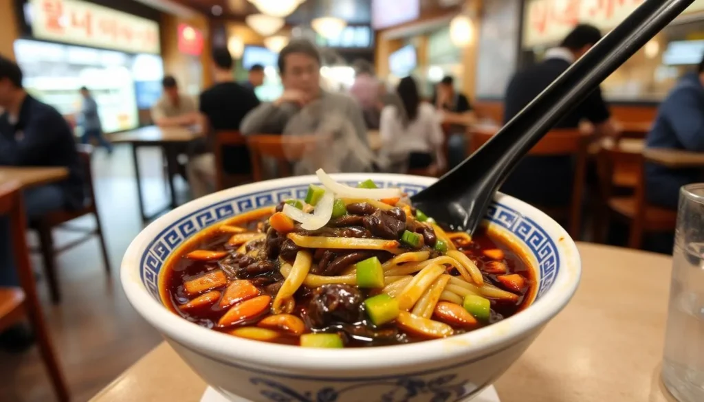 Generate an image of a steaming bowl of jjajangmyeon at Itaewon Jjajang