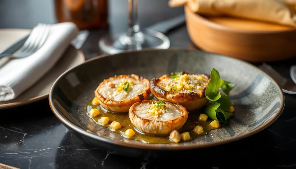 Generate an image of a stylish, contemporary vegan dining setting at HRVST in Singapore, featuring a dish like king oyster mushroom "scallops" with baby corn, hazelnuts, and lemon zest.