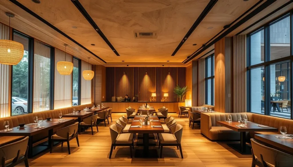 Generate an image of a stylish, modern Japanese restaurant with a focus on natural materials.