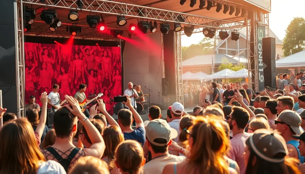 Generate an image of a summer concert scene with a band performing on stage and people enjoying the music.