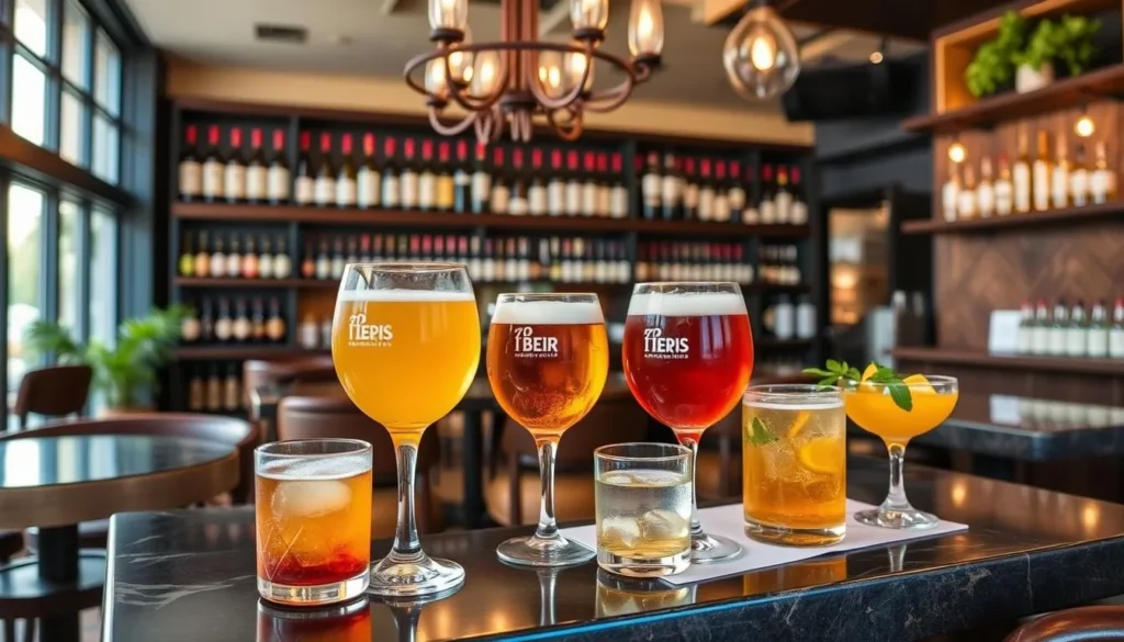 Generate an image of a tasting room with a variety of drinks on offer.