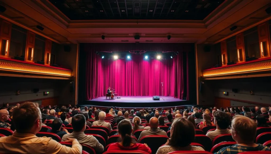 Generate an image of a theater with a stage and audience seating, with a performance in progress.