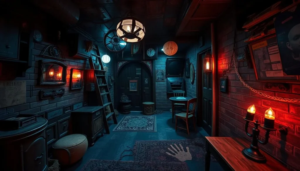 Generate an image of a thrilling escape room with a spooky theme.
