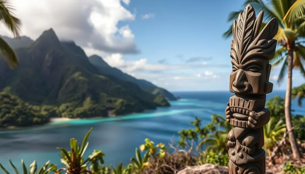 Generate an image of a tiki statue in the Marquesas Islands