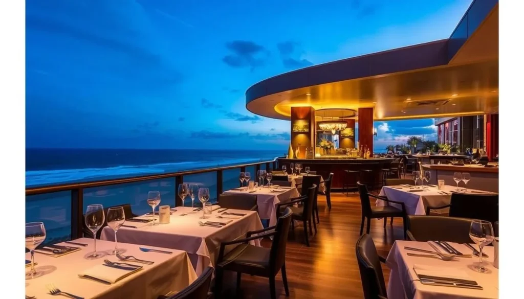 Generate an image of a top-rated restaurant on the Gold Coast, showcasing its beachfront views and exquisite dining experience.
