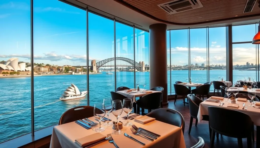 Generate an image of a top restaurant in Sydney, such as Quay or Bennelong, with a beautiful harbor view.