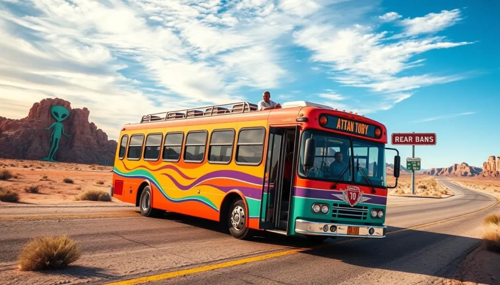 Generate an image of a tour bus driving down the Extraterrestrial Highway with a backdrop of desert landscapes and alien-themed roadside attractions.