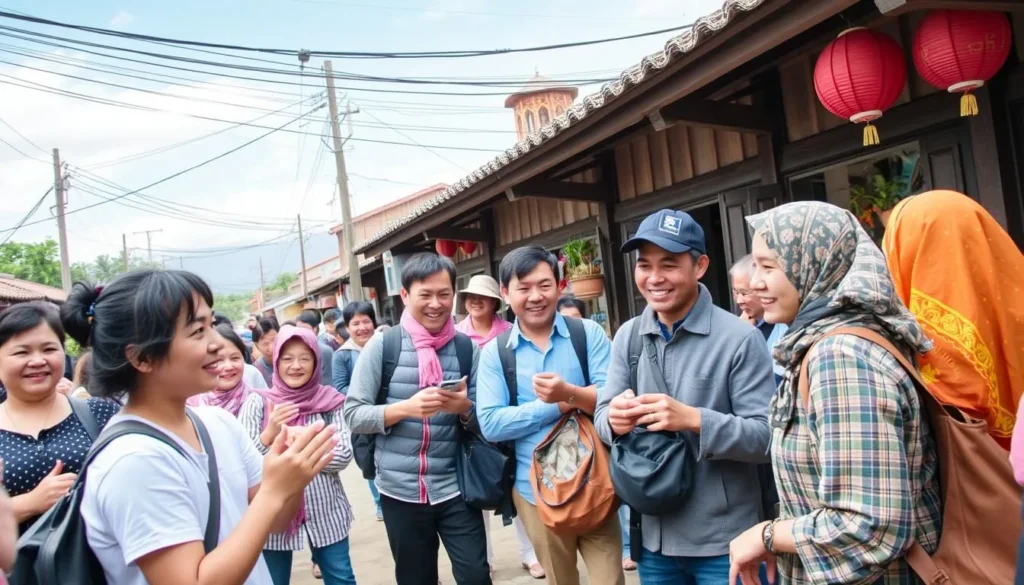 Generate an image of a township tour in progress, showcasing the interaction between visitors and local residents.