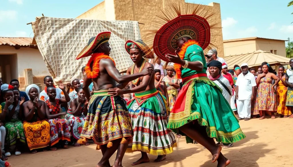 Generate an image of a traditional Baoulé dance performance in Bouaké, Ivory Coast