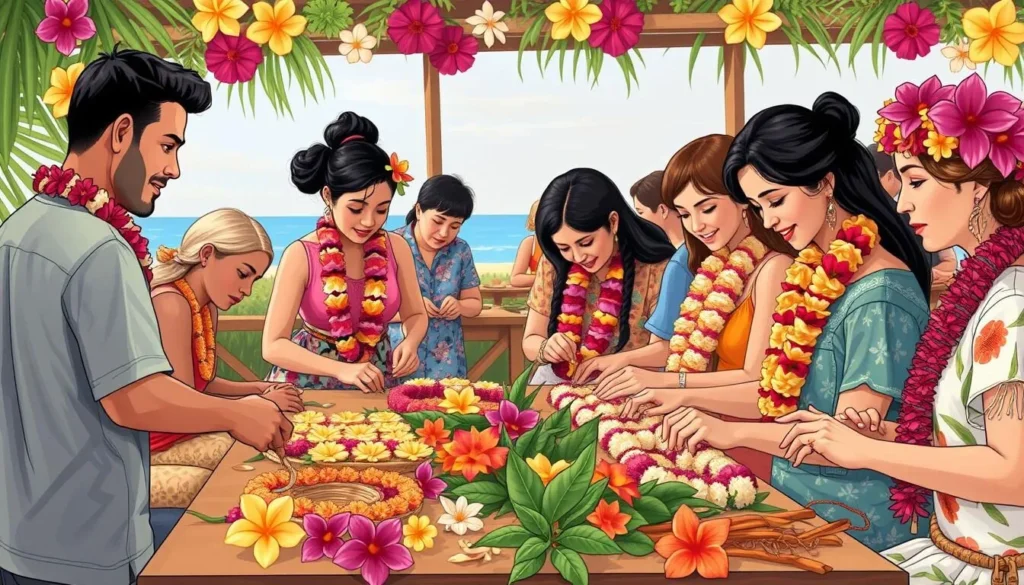 Generate an image of a traditional Hawaiian lei-making workshop during the Lei Day Celebration on the Big Island.