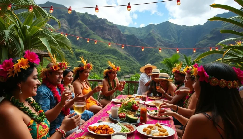 Generate an image of a traditional Hawaiian luau at Waimea Valley with attendees enjoying local cuisine and cultural performances.
