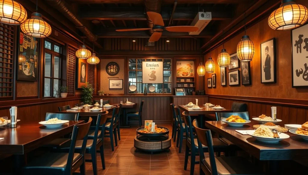 Generate an image of a traditional Korean restaurant with a warm atmosphere, serving comforting dishes.