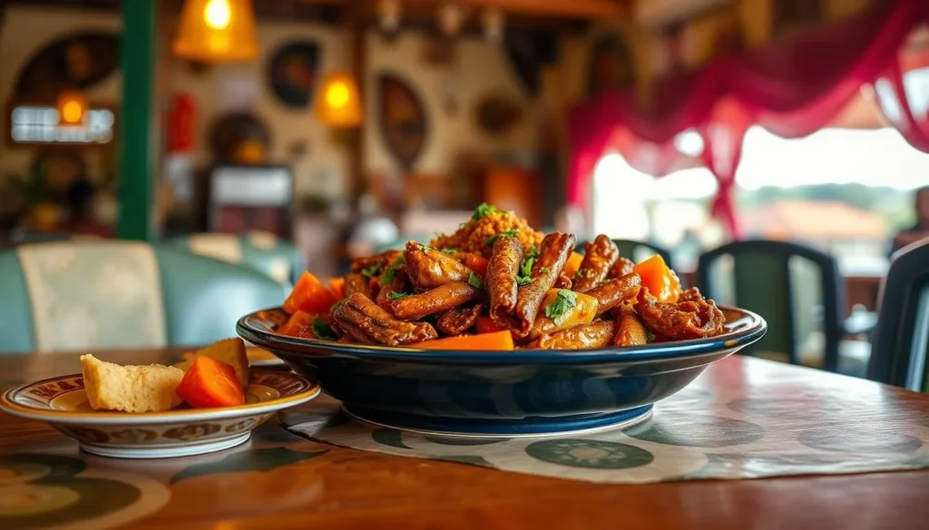 Generate an image of a traditional Nigerian dish being served in a local restaurant in Oshogbo.