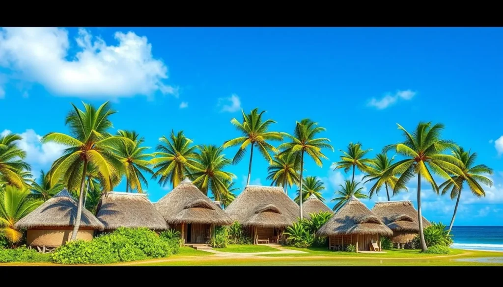 Generate an image of a traditional Tokelauan village with thatched huts and palm trees.