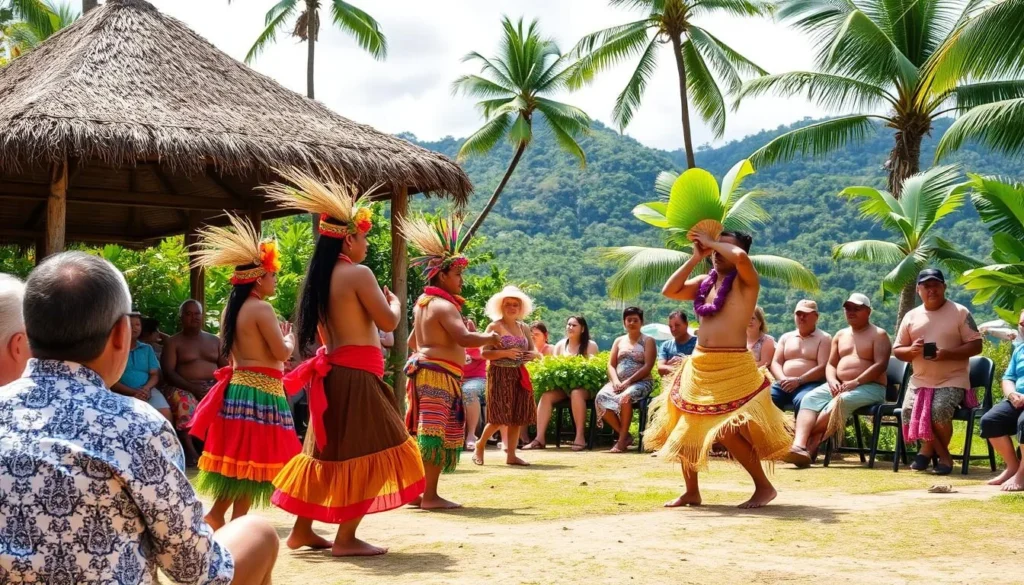Generate an image of a traditional Tuvalu dance ceremony at the Maneapa