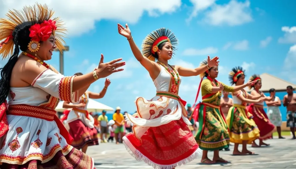 Generate an image of a traditional dance performance on Tinian, with participants in traditional attire.