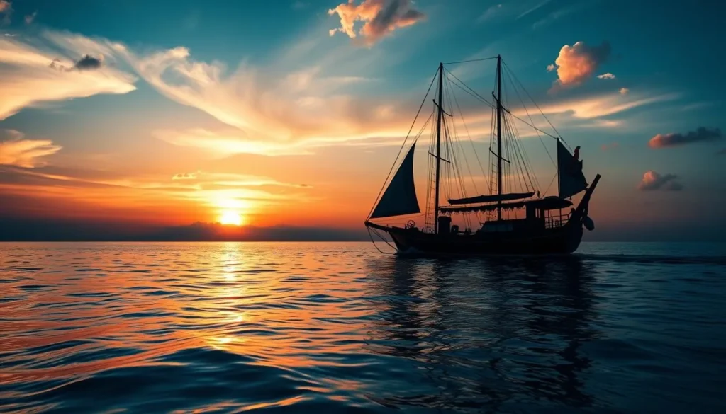 Generate an image of a traditional dhow sailing in the Indian Ocean, with the sun setting behind it.