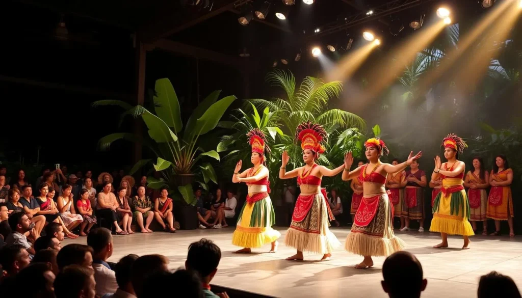 Generate an image of a traditional performance at the Polynesian Cultural Center, showcasing dancers in traditional attire.