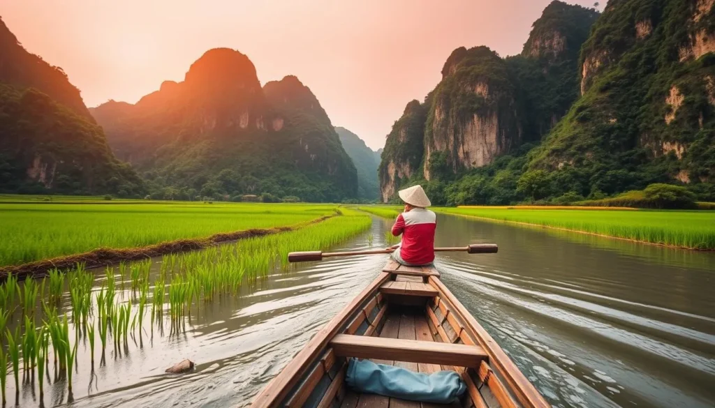 Generate an image of a traditional sampan boat being rowed through Tam Coc, with lush rice fields and limestone cliffs in the background.