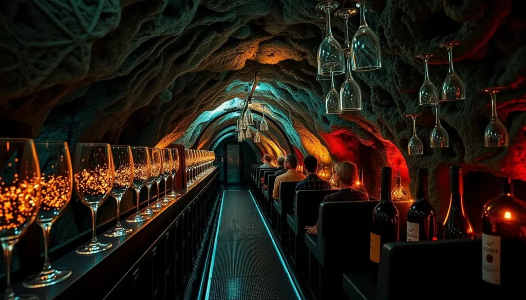 Generate an image of a tram ride through a cave with wine glasses and bottles.