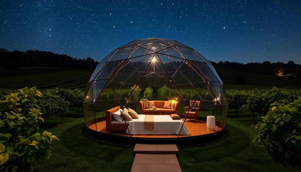 Generate an image of a transparent dome hotel room in a vineyard at night with stars visible above.
