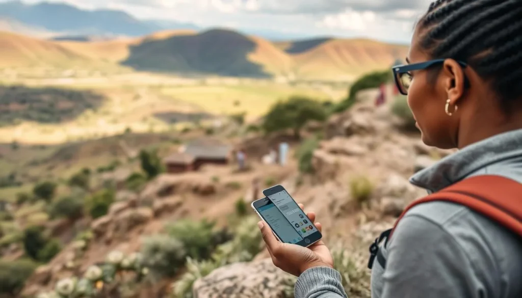 Generate an image of a traveler using a mobile payment app in Eswatini.