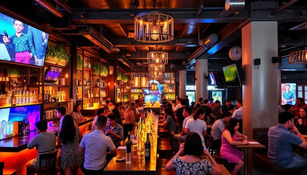 Generate an image of a trendy bar in Mandaluyong with a lively atmosphere.