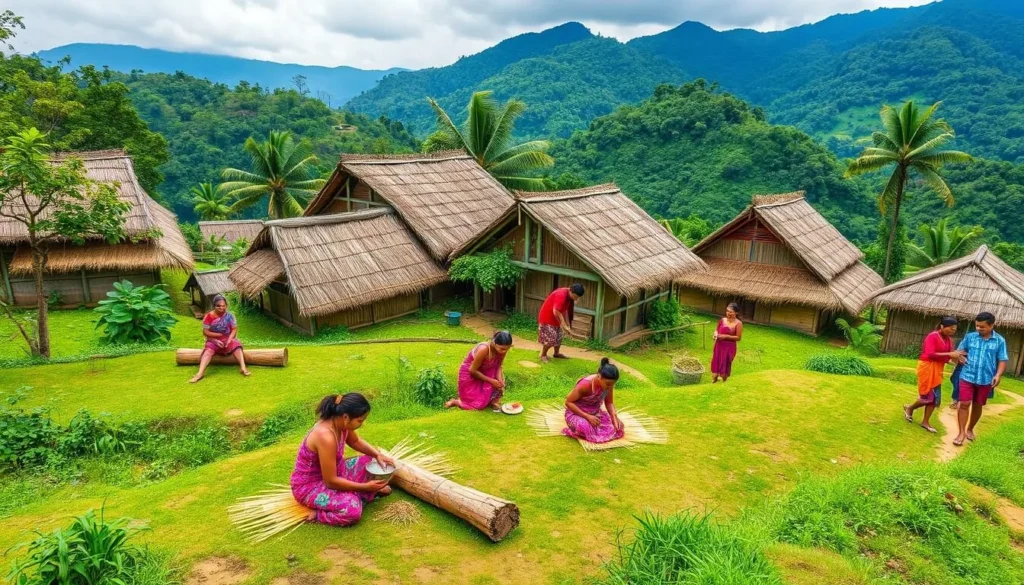 Generate an image of a tribal village in Bandarban with locals engaging in traditional activities.