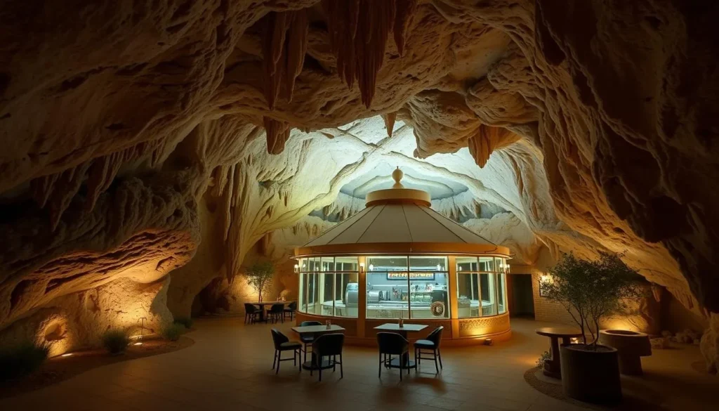 Generate an image of a unique underground cafeteria inside Carlsbad Caverns.