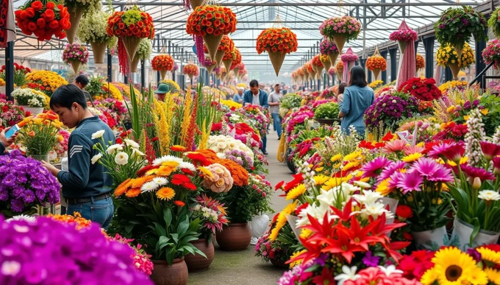 Generate an image of a vibrant 92-acre flower market with diverse cut flowers and ornamental plants.